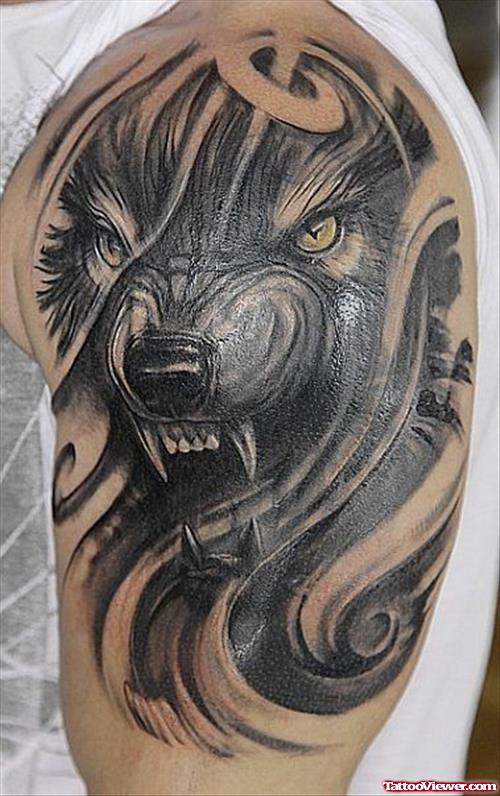 Crazy Grey Ink Wolf Tattoo On Left Half Sleeve