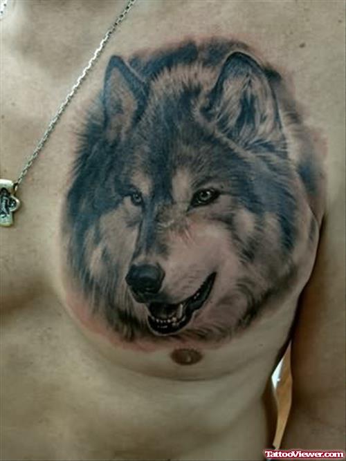 Wolf Black And Grey Tattoo On Chest