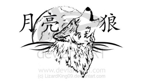 Kanji Symbols and Wolf Head Tattoo Design