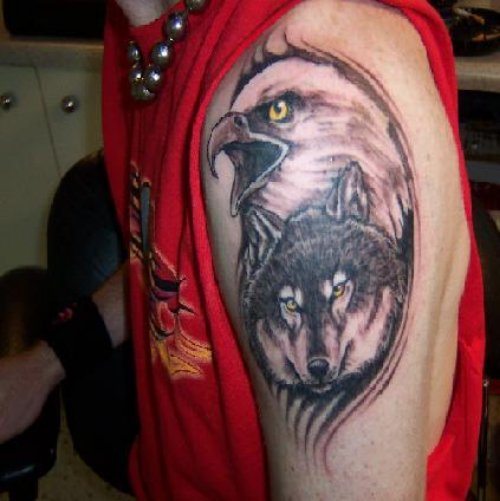 Eagle Head And Wolf Tattoo On Half Sleeve