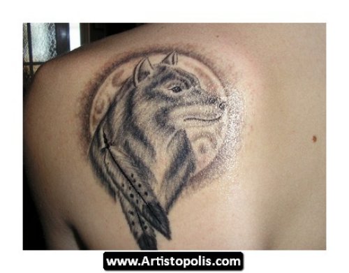 Grey Ink Feather And Wolf Head Tattoo On Left Back Shoulder