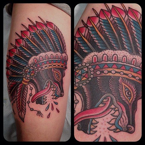 Native Wolf Tattoo On Leg