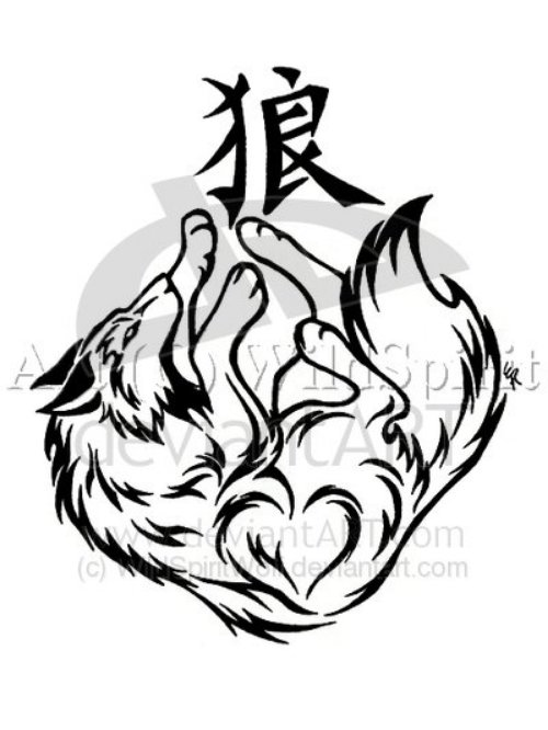Kanji Symbol And Wolf Tattoo Design