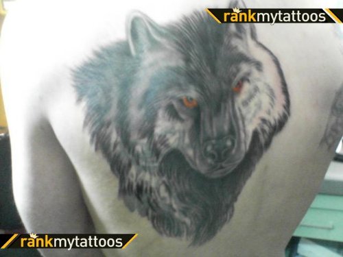 Grey Ink Red Eyes Wolf Tattoo On Back