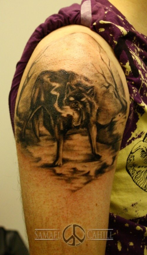Evil Wolf Tattoo On Right Shoulder