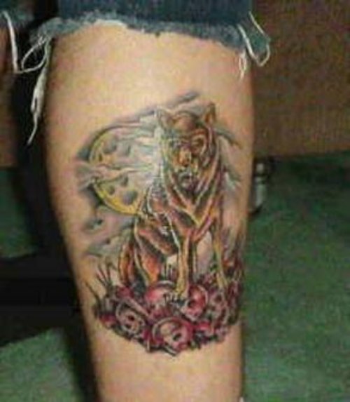 Moon And Wolf Tattoo On Leg