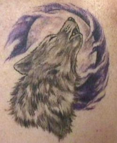 Grey Ink Moon And Wolf Head Tattoo