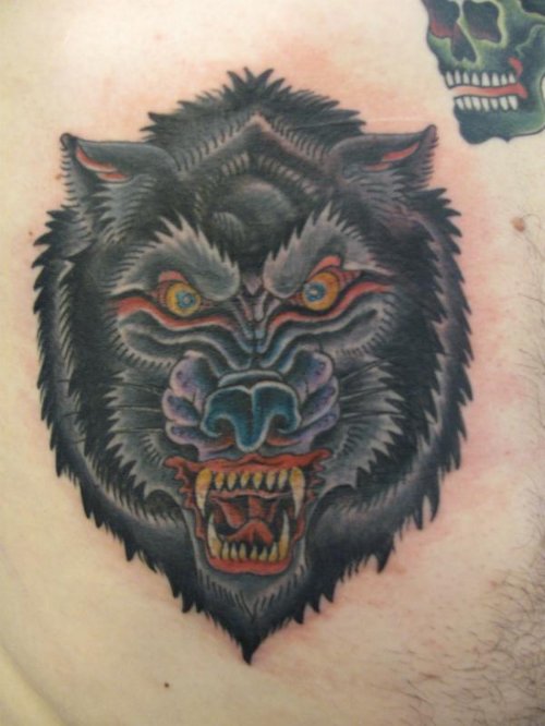 Black Ink Wolf Head Tattoo