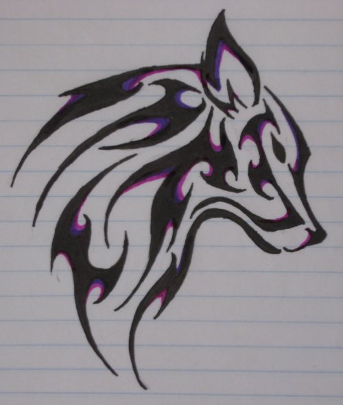 Black And Purple Colour Wolf Drawing For Tattoo