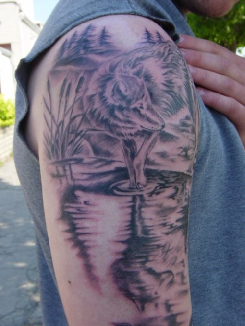 Grey Ink Wolf Tattoos On Right Half Sleeve