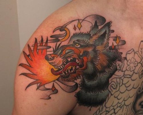 Stipple Wolf Tattoo On Shoulder