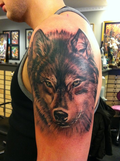 Dark Ink Wolf Tattoo On Left Shoulder For Men