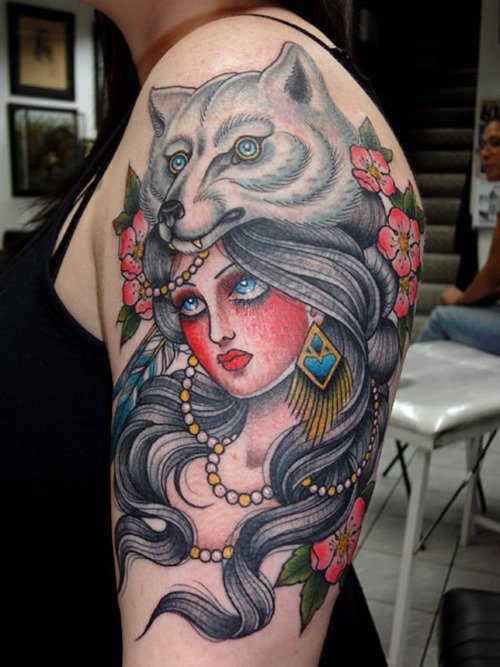 Wolf Tattoo On Girl Left Half Sleeve