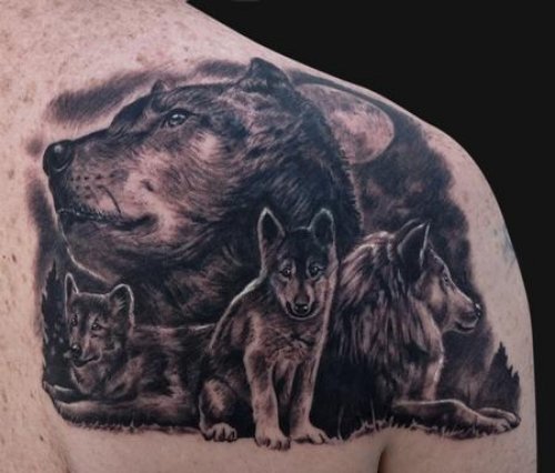 Dark Ink Wolf Family Tattoo On Right Back Shoulder