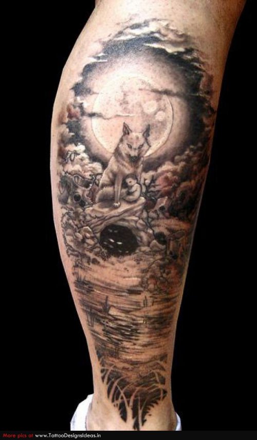 Grey Ink Wolf Tattoo On Leg For Girls