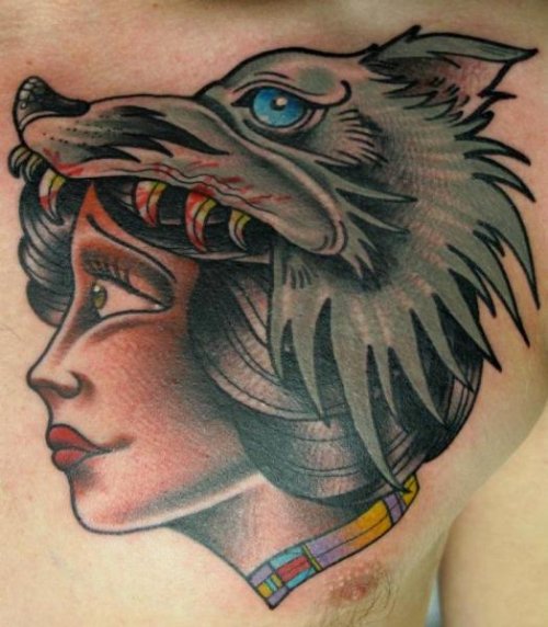 Color Ink Girl Head With Wolf Head Tattoo On Man Chest