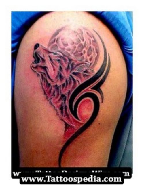 Black Tribal And Wolf Head Tattoo  On Shoulder