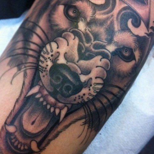 Realistic Grey Ink Wolf Tattoo