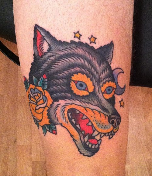Yellow Rose And Wolf Head Tattoo