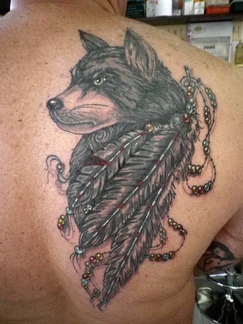 Grey Ink Feathers And Wolf Head Tattoo On Right Back Shoulder