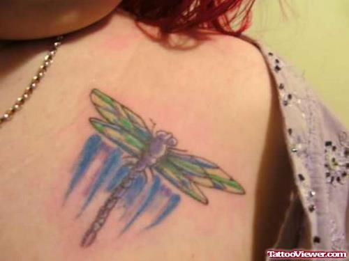 Colored Dragonfly Back Tattoo For Women