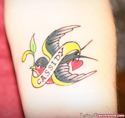 Cassidy Banner and Colored Flying Bird Tattoo For Women