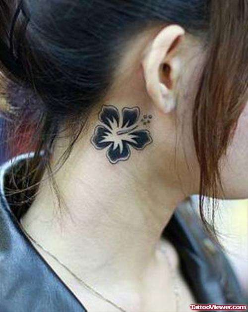 Black Ink Flower Women Tattoo On Side Neck