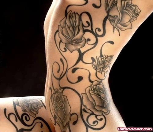 Tribal and Grey Ink Rose Flowers Tattoo For Women