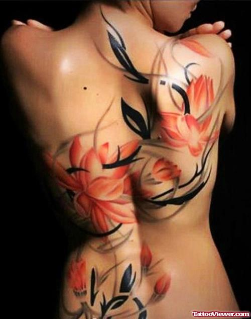 Orange Flowers Women Back Tattoo