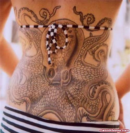 Grey Ink Octopus Tattoo On Back For Women