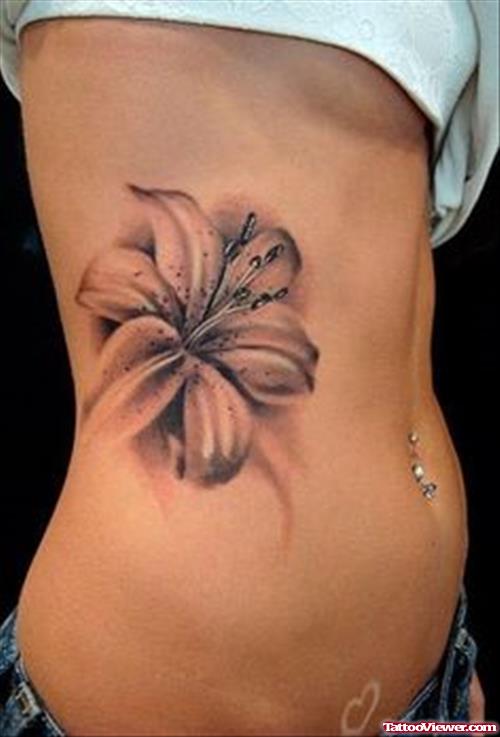 Grey Ink Lily Flower Women Tattoo On Side Rib