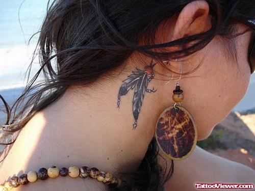 Grey Ink Feather Women Tattoo Behind Ear