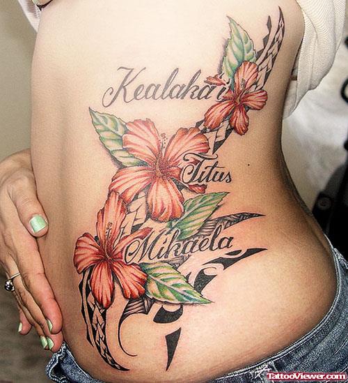 Polynesian And Flowers Women Tattoo On Hip