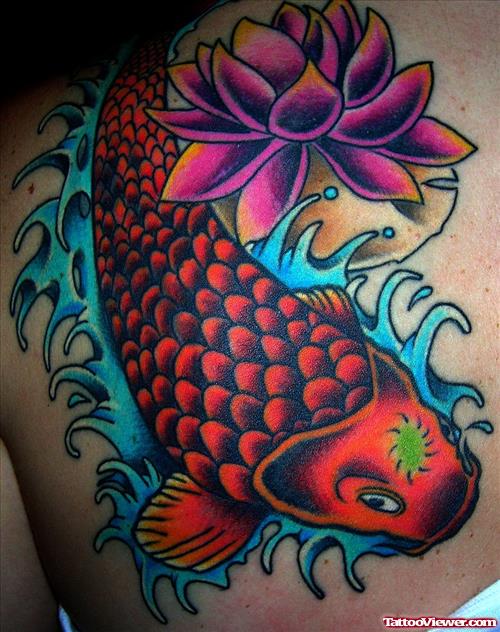 Lotus Flower And Koi Fish Women Tattoo On Back