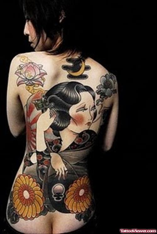 Flowers And Japanese Women Tattoo On Back