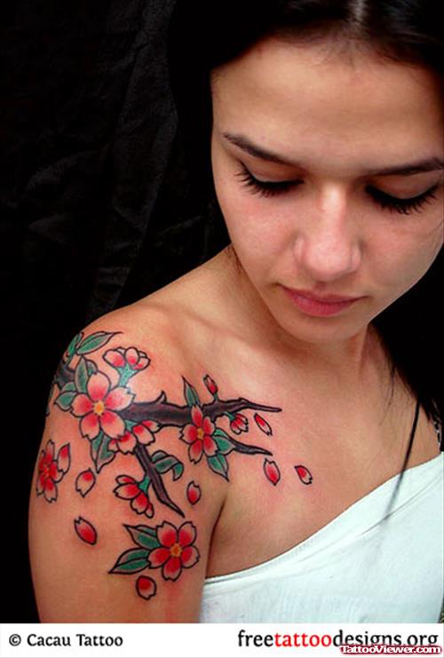 Cherry Blossom Flowers Tattoos On Shoulder For Women