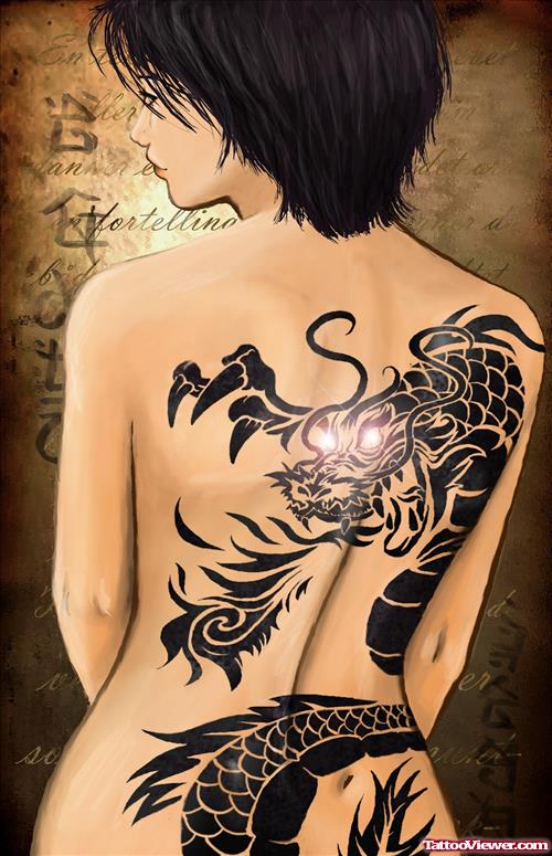 Black Ink Dragon Tattoo On Back For Women