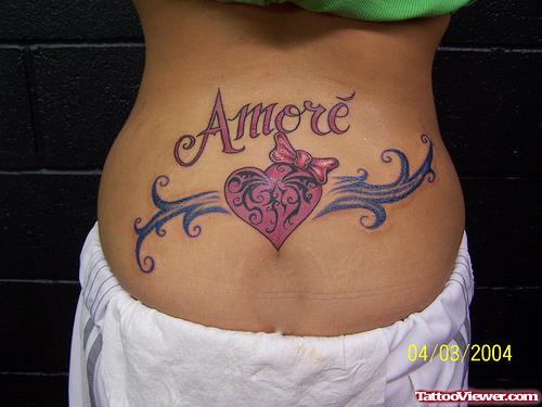 Tribal Amore & Pink Heart With Bow Tattoo On Back For Women