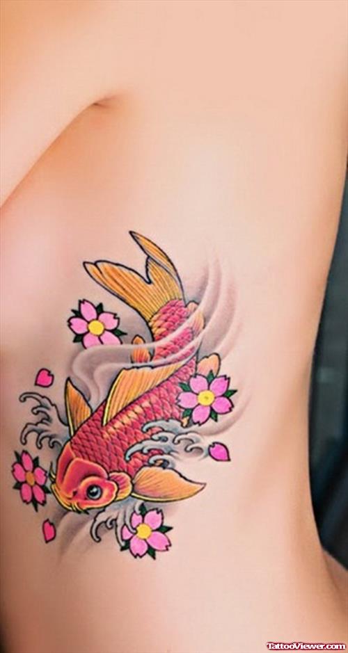 Flowers And Koi Women Side Rib Tattoo