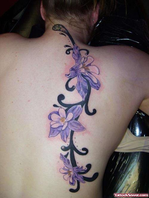Purple Flowers Back Tattoo For Women