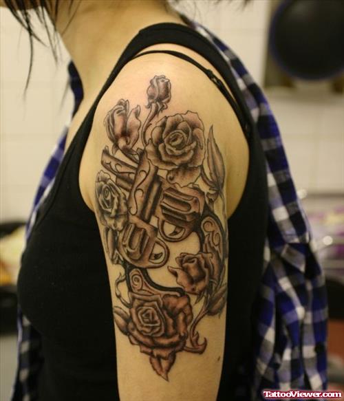 Grey Ink Half Sleeve Flowers Women Tattoo