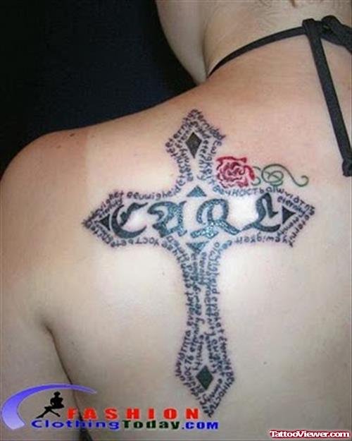 Beautiful Cross Women Tattoo On Back Shoulder