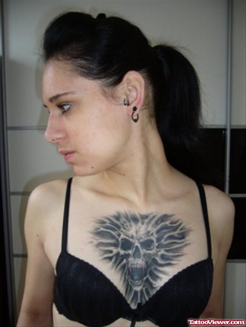 Grey Ink Skull Women Chest Tattoo