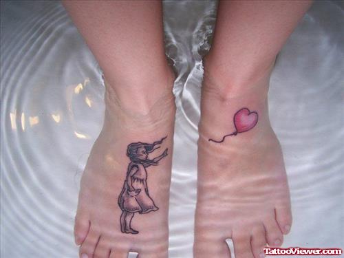 Grey Ink Girl And Heart Women Tattoos On Feet