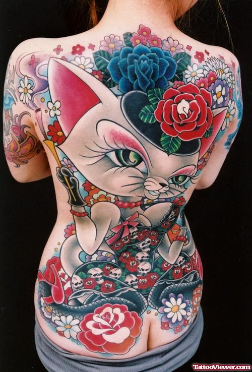 Colored Flowers And Kitty Women Full Back Tattoo