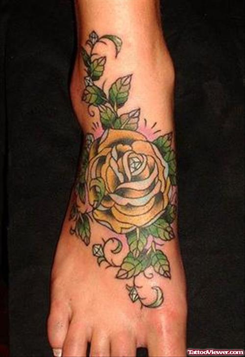 Yellow Rose Women Right Foot Tattoo