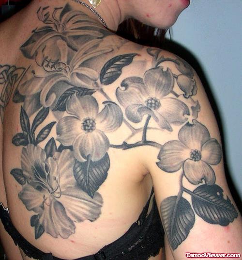 Grey Ink Flowers Back Shoulder Women Tattoo