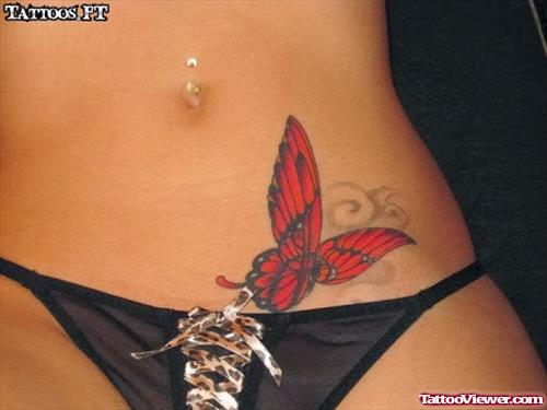 Groin Red Butterfly Women Tattoo On Hip
