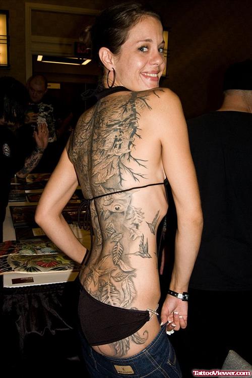 Grey Ink Women Full Back Tattoo
