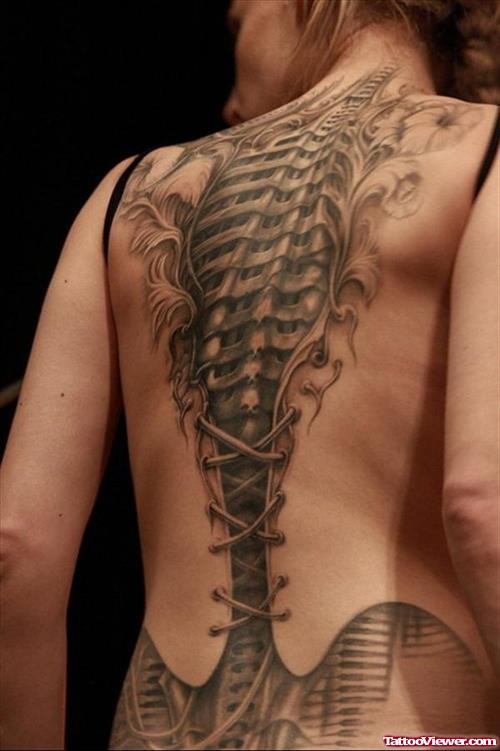 Grey Ink Skeleton Women Back Body Tattoo